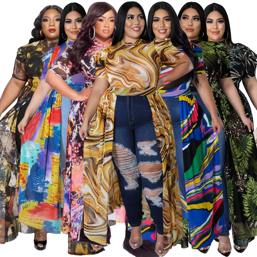 Plus size sheer mesh print long dress top short pleated sleeve fashion matching vestidos night party club female clothings 2022