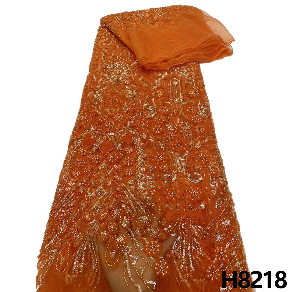 

2023 High quality African lace fabric luxury handmade beaded lace fabric Pearl sequin lace fabric bridal dress