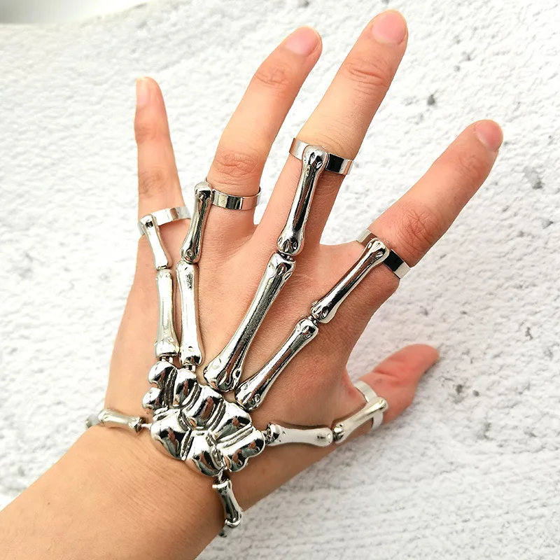 

Punk Skeleton Five Fingers Rings For Women Men Adjustable Size Hand Bone Hip Hop Steampunk Rings Fashion Jewelry Halloween Gifts