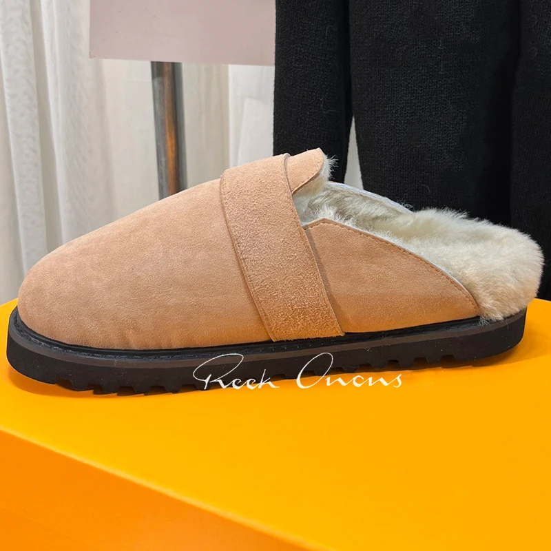 

Concise Female Slippers Winter New Kid Suede Upper Comfortable Lazy Slippers Baotou Design Wool Material Warm Ladies Shoes