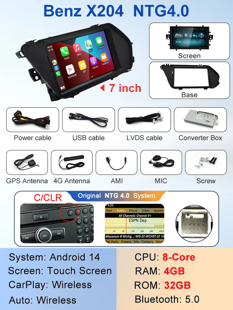 

STWEI новая заводская цена 7-дюймовый Android 14 автомобильные мультимедийные плееры для Mercedes Benz GLK X204 GPS-навигация CarPlay AUTO Bluetooth