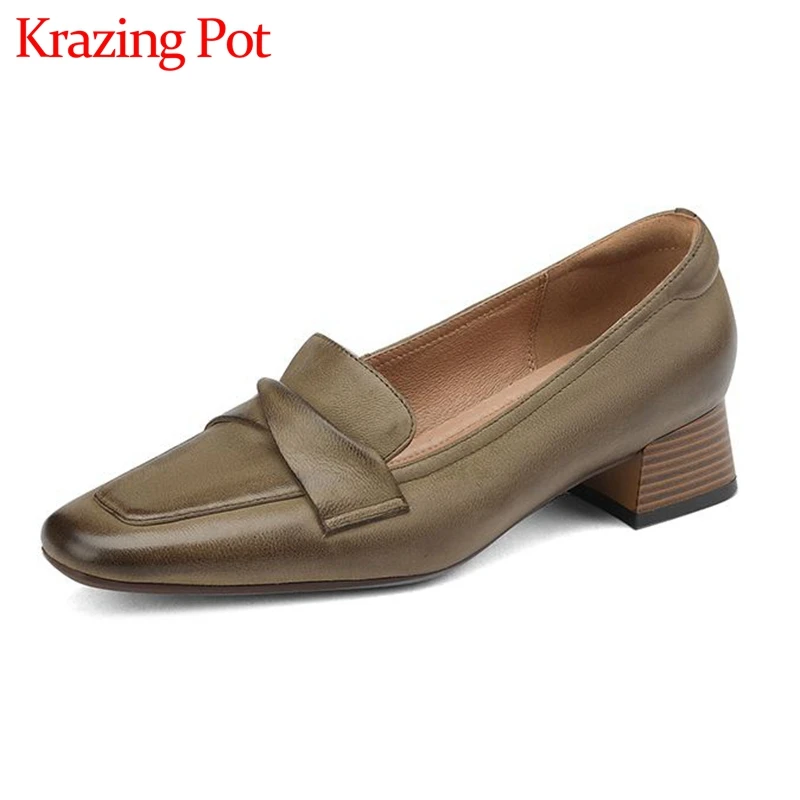 

Krazing Pot Genuine Leather Square Toe Autumn Shoes Med Heels Splicing Slip on Western England Style Design Maiden Women Pumps