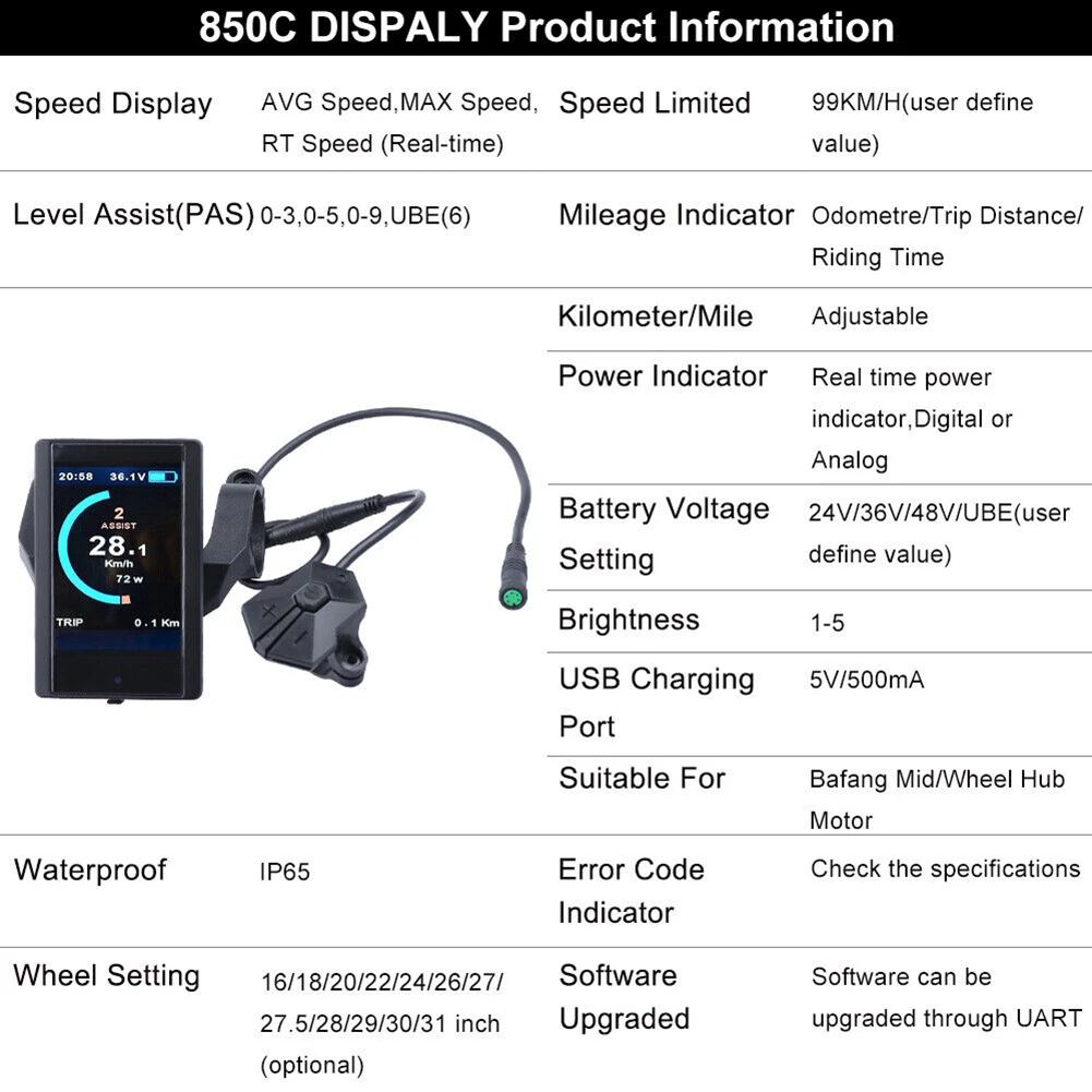 

BBS Motor UART 850C/P850 Display 24V/36V/48V Battery 5V 500mA CE Display IP65 (water Proof) BBS01 BBSHD Series
