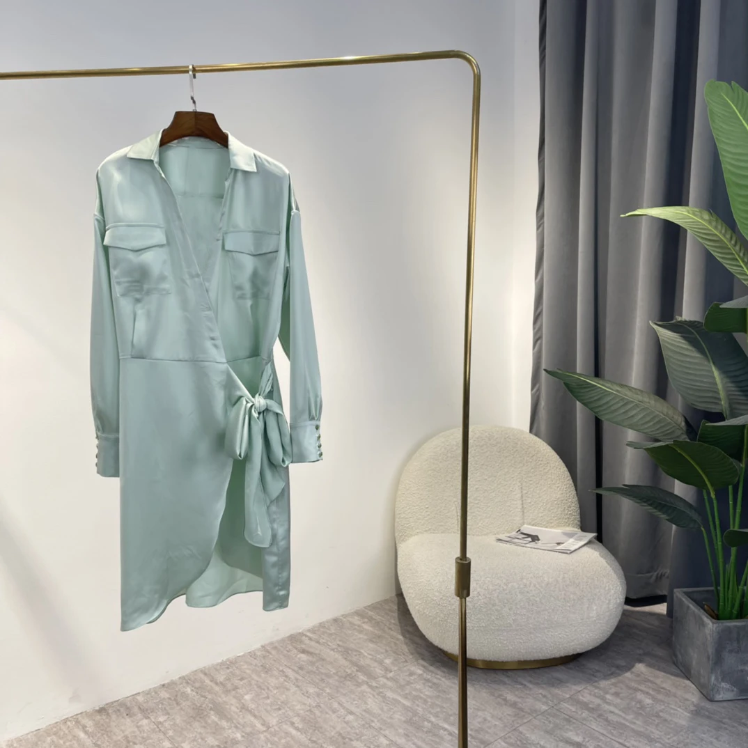 

2022 Spring New Arrival Top Quality Elegant Shirt Woman Dress Blue Light Green White Black Vintage Self Wrap Tie Clothing