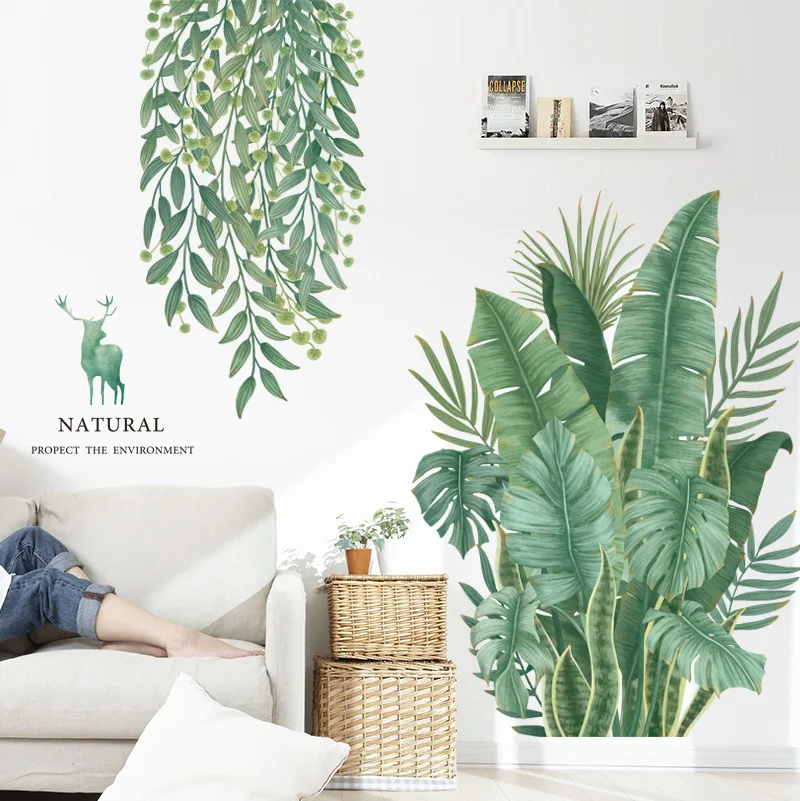

Green Banana Leaves Stickers Self-adhesive Wall Stick Nordic Style Bedroom Living Room Two Cluster of Leaves Wallpaper Sticker
