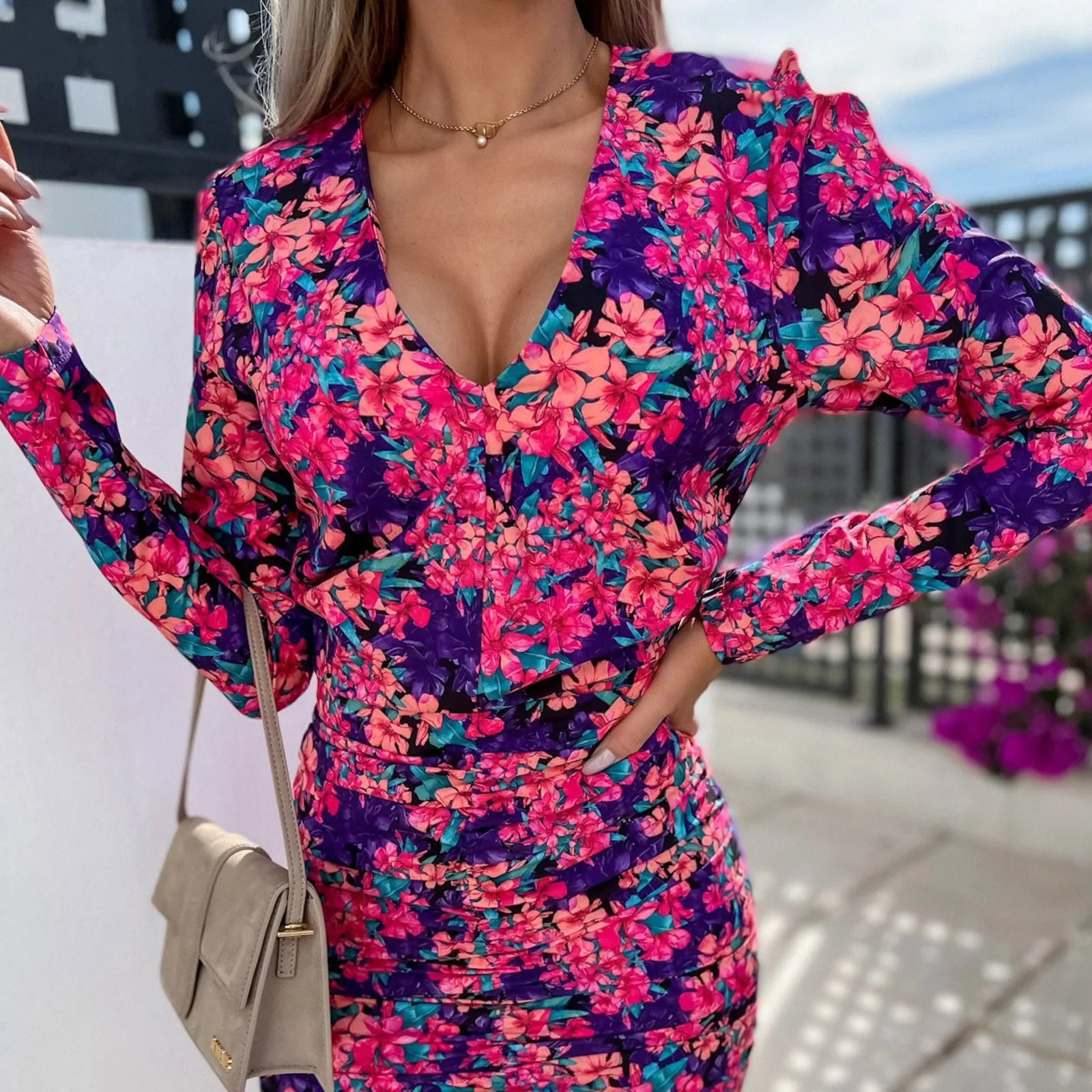 

Women's Sexy Long Sleeve Ruched Button Down Front Mini Shirts Dress