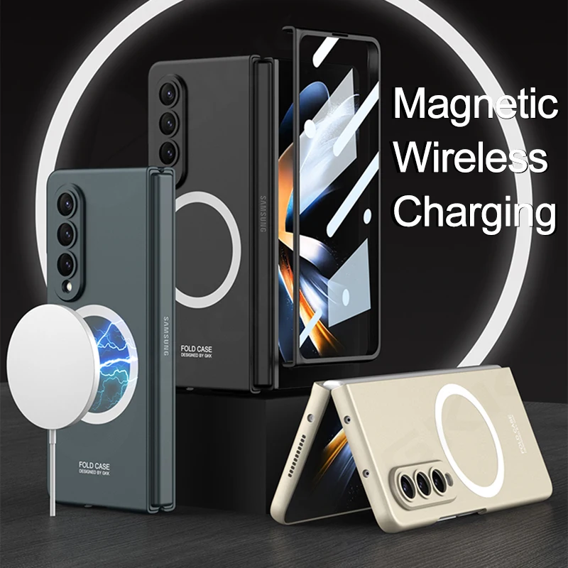 Luxury Magnetic For Magsafe Wireless Charging Case For Samsung Galaxy Z Fold 4 5G Ultra Slim With Glass Film Matte Hard Cover