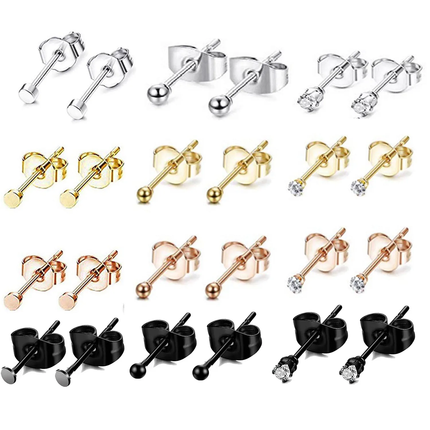 

1 Pair Tiny 2mm Stainless Steel Stud Earrings For Mens Womens CZ Round Ball Earrings Set