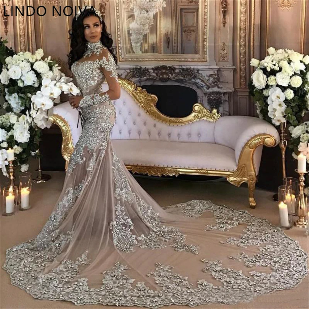 

Vintage Silver Lace Mermaid Muslim Wedding Dress with Long Sleeves High Neck Saudi Arabia Bridal Gowns Dubai African Bride Dress