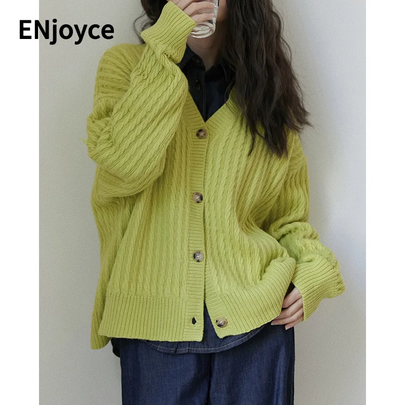 Women Retro Green Hemp Pattern Knit Cardigan Sweater 2022 Autumn Casual Loose Knitted Sweaters Jacket Single Breasted Clothes