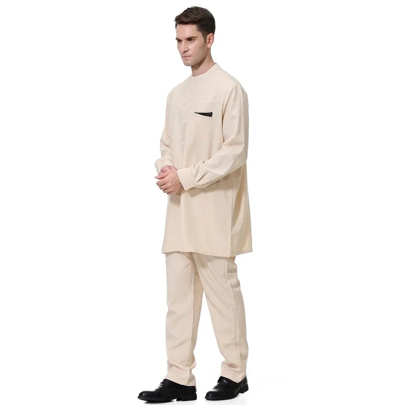Muslim Fashion Men Robes Top Pants 2 Piece Set Jubba Thobes Qamis Homme Arabic Kaftan Men Islamic Clothing Kurta Abayat 2022