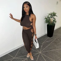 wishyear 2022 sexy hollow cut out two piece pant sets fashion brown knitted womens outifits fall bodycon matching sets