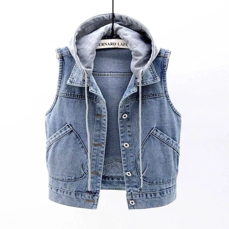 

Spring Autumn Student Big Girl Kid Women Denim Vest Coat Waistcoat Sleeveless Hoodies Short Jacket Jeans Vest Casual Female Tops