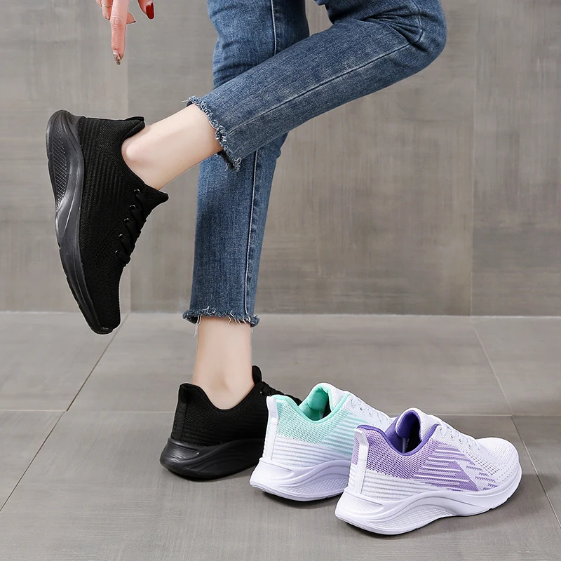 Women's Casual Shoes Breathable Walking Mesh Lace-up Flat Shoes Women's Fashionable Wearable Comfortable Casual Sports Shoes