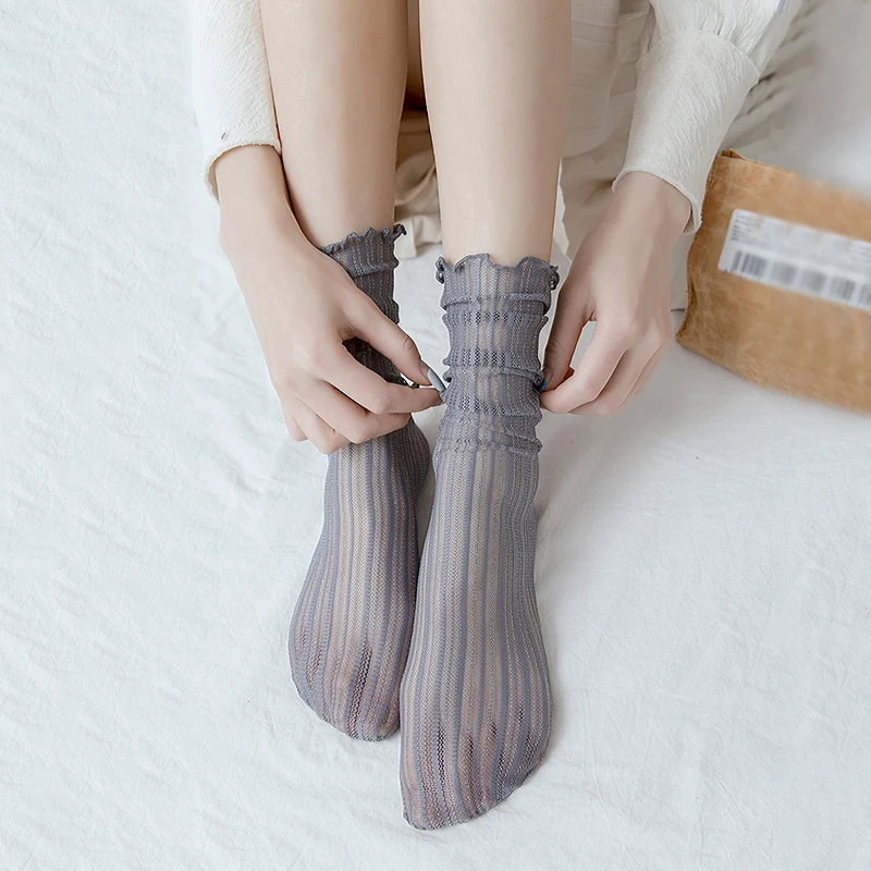 8 Pairs Transparent Glitter Socks For Women Fashion Thin Striped Mesh Stockings Female Lolita Lace Socks Filigree Loose Socks