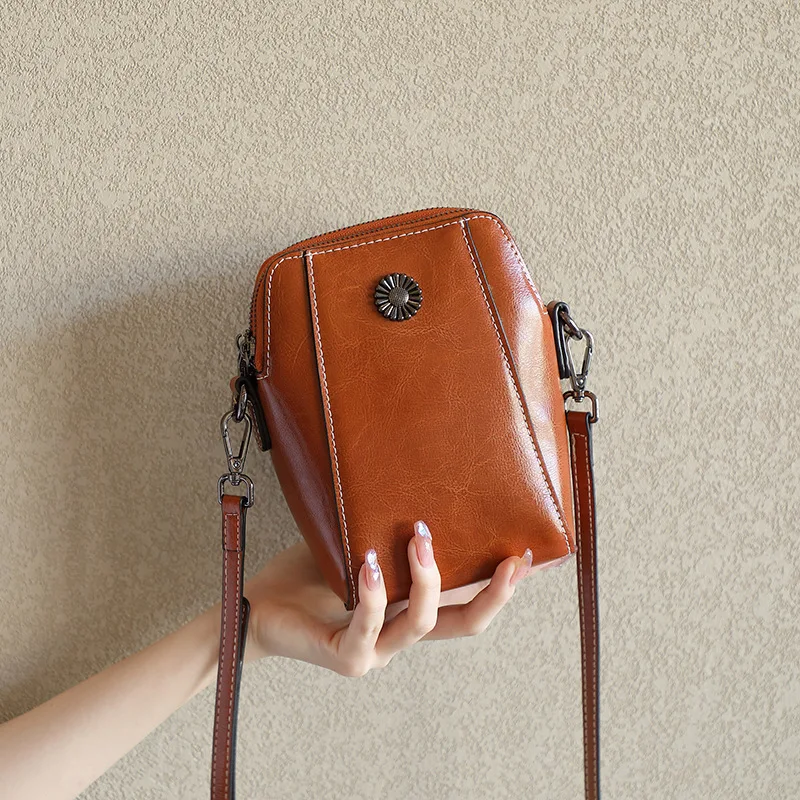 New Crossbody Mini Genuine Leather Retro Zipper Women's Mobile Phone Small Square Bag