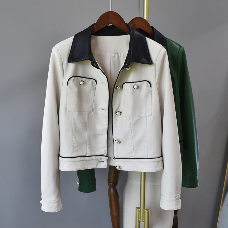KoHuiJoo Leather Jacket Women Oversize New Autumn Turn Down Color Contrast Pocket Design Green PU Leather Short Coats for Ladies