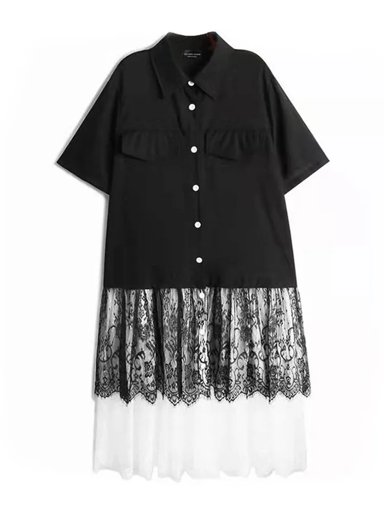 

Женское длинное платье-рубашка с коротким рукавом, черное кружевное свободное платье большого размера с отложным воротником, модель N560 на в...