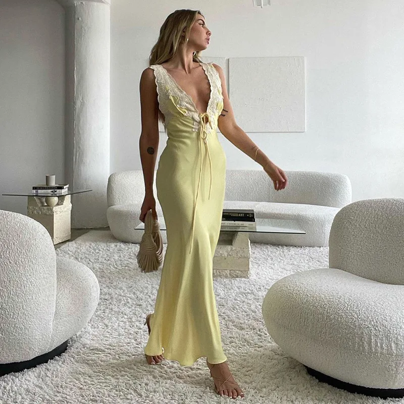 

Deep V Neck Backless Woman Dresses Spaghetti Strap Long Female Dress Clothing Party Pullover Sexy Summer Autumn Ankle-Length