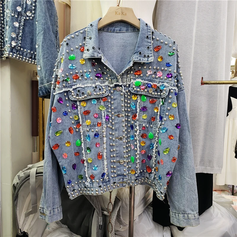 

Spring Women Fashion Rivet Diamonds Denim Jacket Casual Vintage Frayed Burrs Stitching Blue Short Jeans Jacket Coat Streetwear