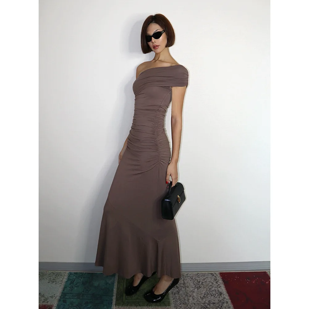 Vanessalab асимметричное косое с открытыми плечами кофейного цвета сексуальное