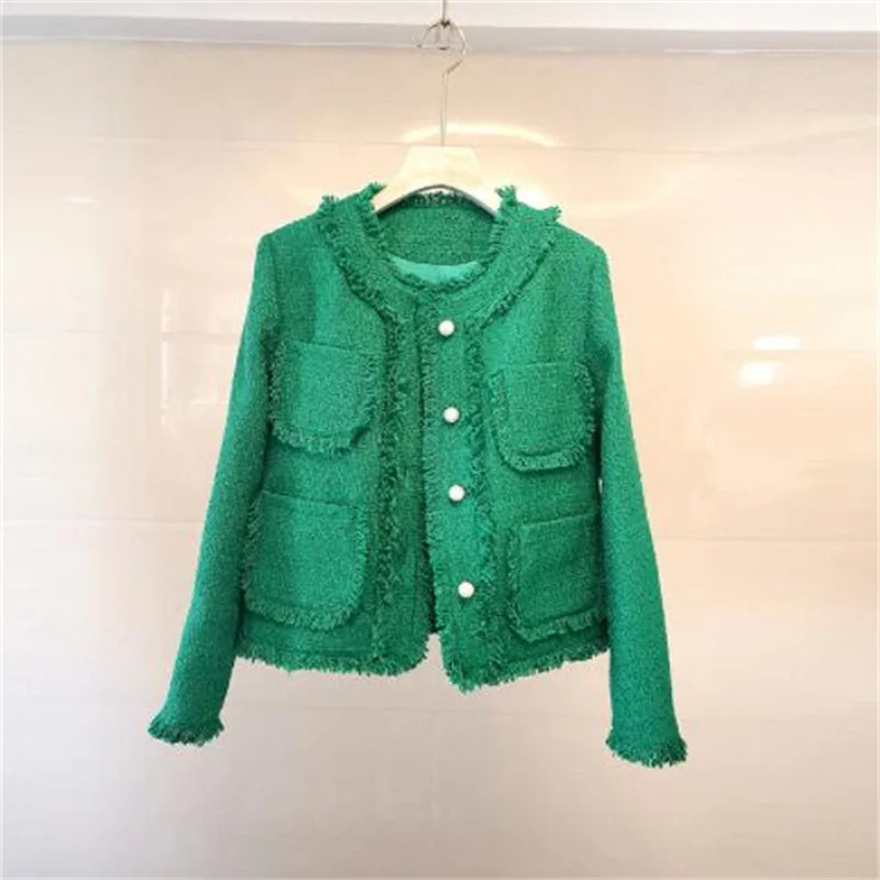 Spring short coat women's jackets autumn new french tweed round collar green fringed pearl clothes