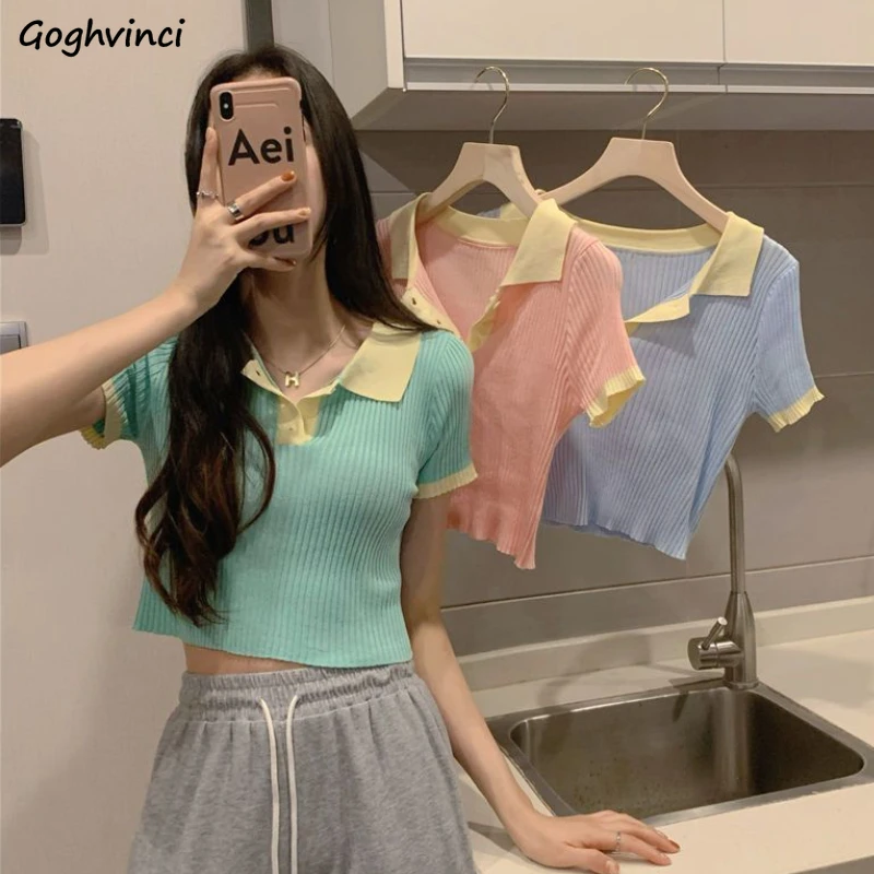 

T-shirts Women Classics Turn-down Collar Summer Cropped Knitted Tops Sweet Korean Style All-match Simple Daily Trendy Patchwork