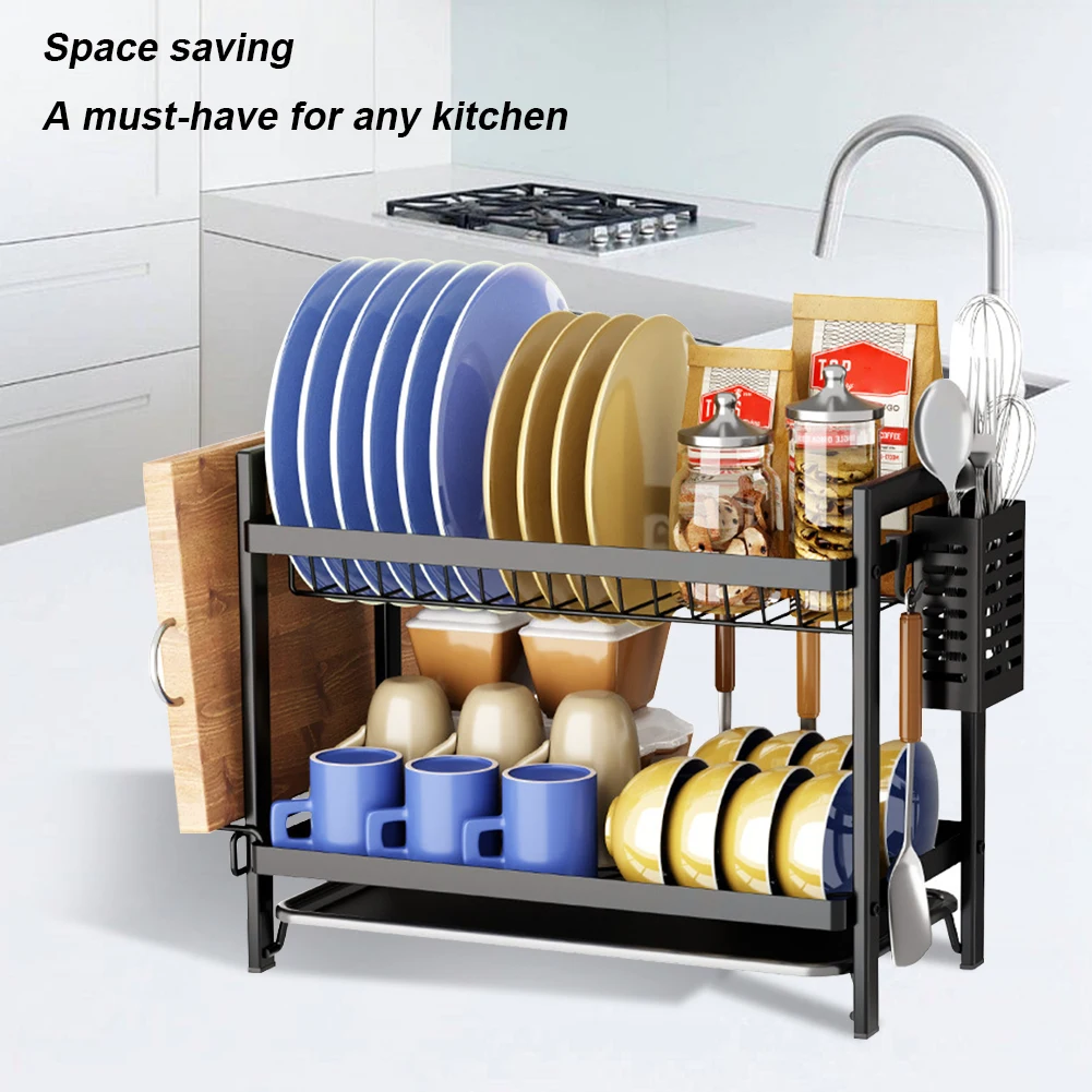 

2-уровневый стеллаж для хранения столовых приборов с капельным подносом, металлический многофункциональный стеллаж с сушилкой и держателем для посуды для кухонной стойки