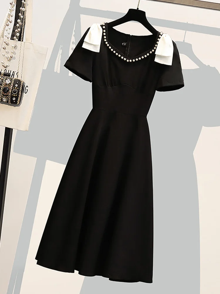 

Женское винтажное платье трапециевидной формы, элегантное черное платье во французском стиле Хепберн с коротким рукавом, V-образным вырезом, бусинами и высокой талией, 4XL, на лето