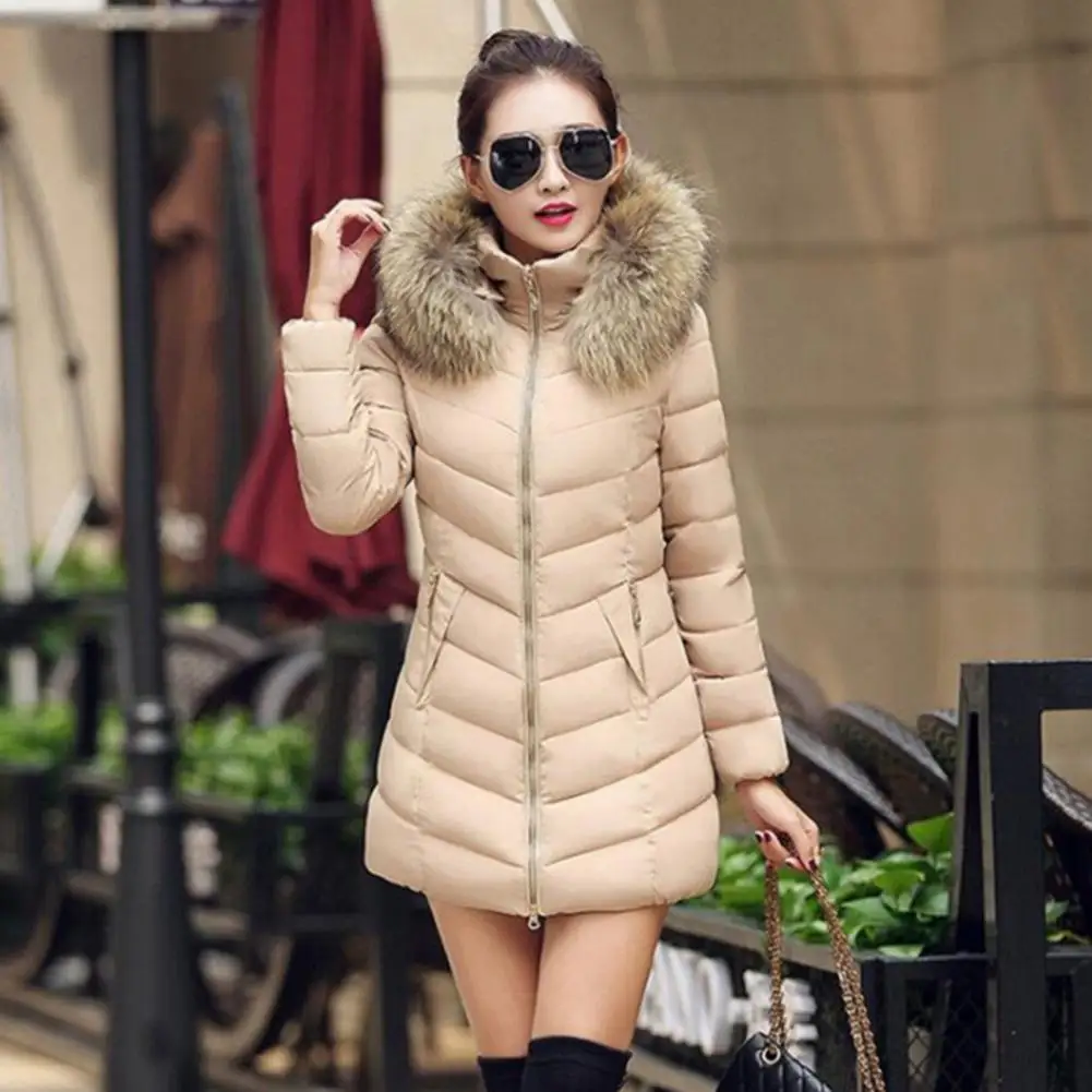 Winter Cotton Coat Solid Color Furry Hat Edge Zipper Mid Length Thicken Cold-proof Padded Long Sleeves Winter Coat for Daily Wea