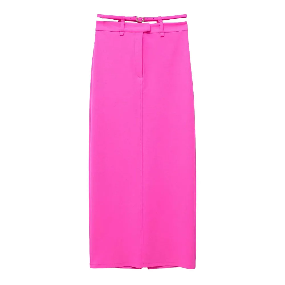 

2022 European and American summer new women's fashion, sweet and belted high waist solid color back slit skirt