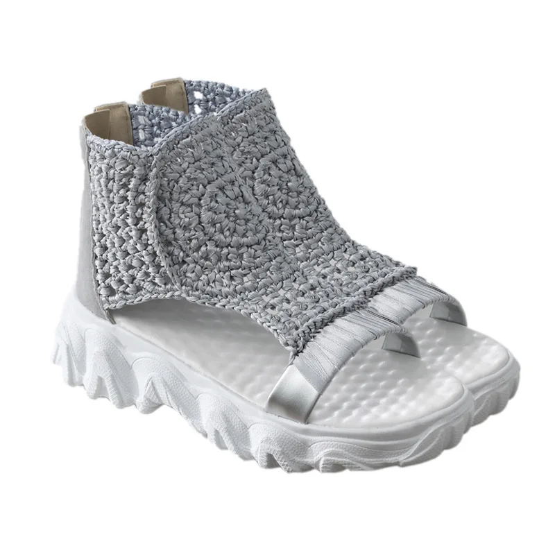 Sandals Women Braided Geometric Wedge Sandals Knitted Elastic Summer Shoes Mesh Flat Sandals Hollow Female Platform Shoes
