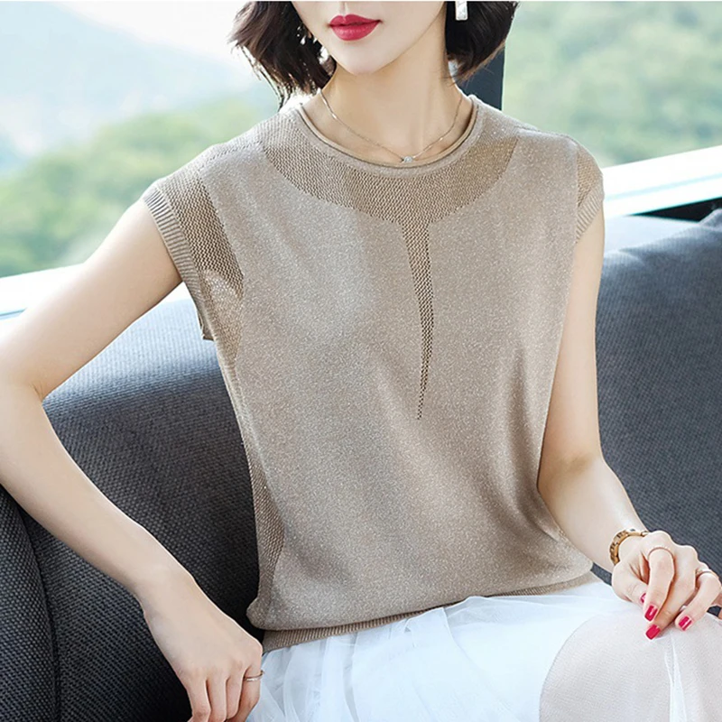 

2022 Summer Thin Knitted T Shirt Women Korean Style Clothing Short Sleeve Tees Hollow Out Ladies Tops Casual Camisetas De Mujer