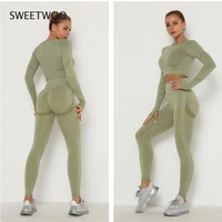 womens sets skinny tracksuit breathable bra long sleeve top seamless outfits high waist push up leggings gym clothes sport suit