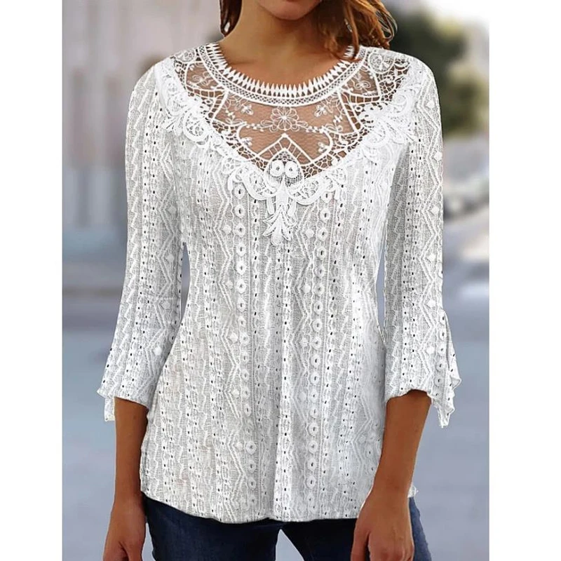 

Office Lady Elegant Blouses Hollow Out Mesh Crochet Blouse Women Summer Casual O-neck Tops Splice Lace Shirt Woman Vintage 28335