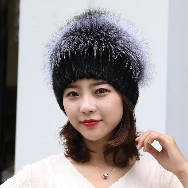 Women's Real Mink Fur Hat Fox Fur Beanie Cap Winter Warm Headwear Ski Travel Black Beige Wine Red