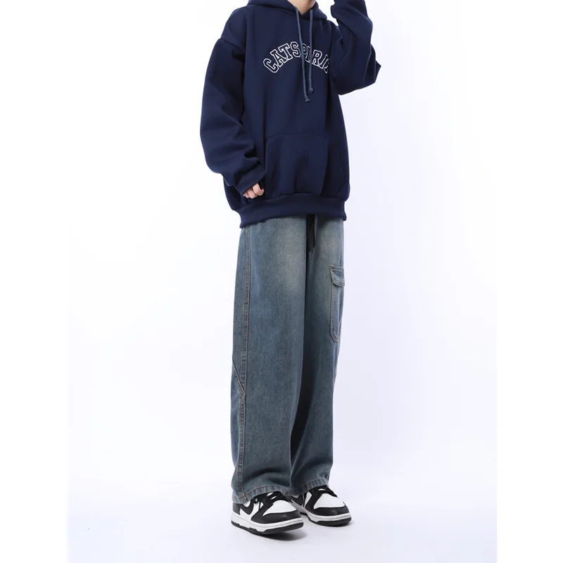 Streetwear Men Vintage Falling Feeling Loose Broad Leg Blue Jeans 2022 Autumn and Winter New Pattern Mopping Cargo Pants Female