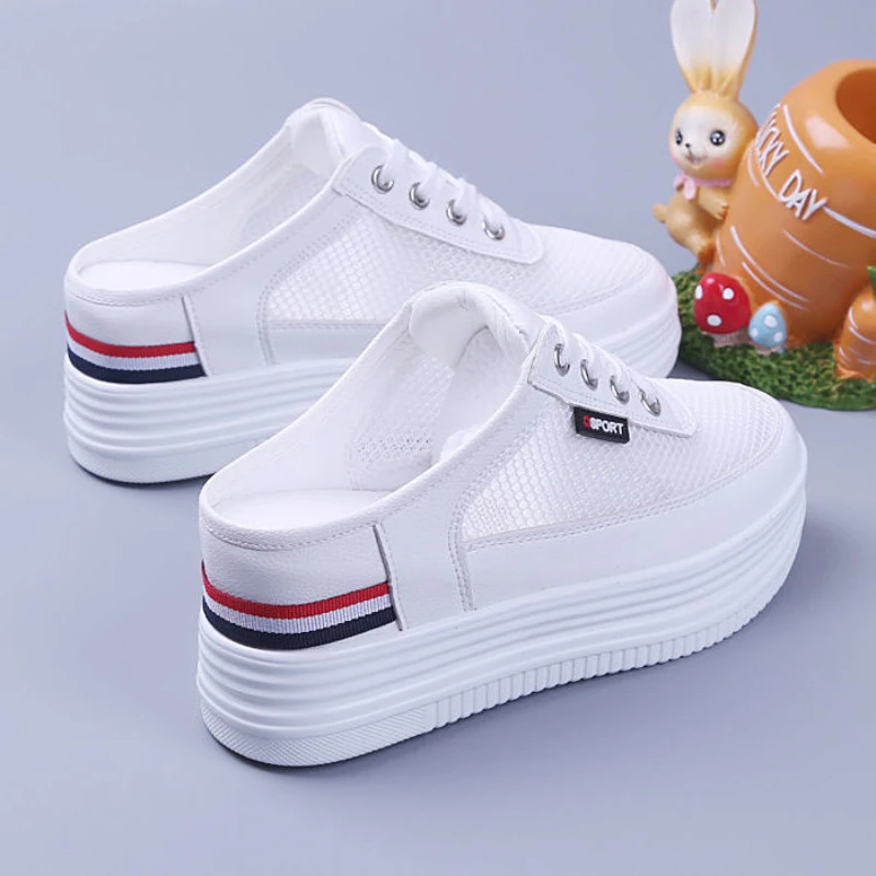Women's Mesh Half Slippers Surface Hollowed Summer Versatile Student  Outdoor Breathable Closed Toe Mesh Casual Shoes White