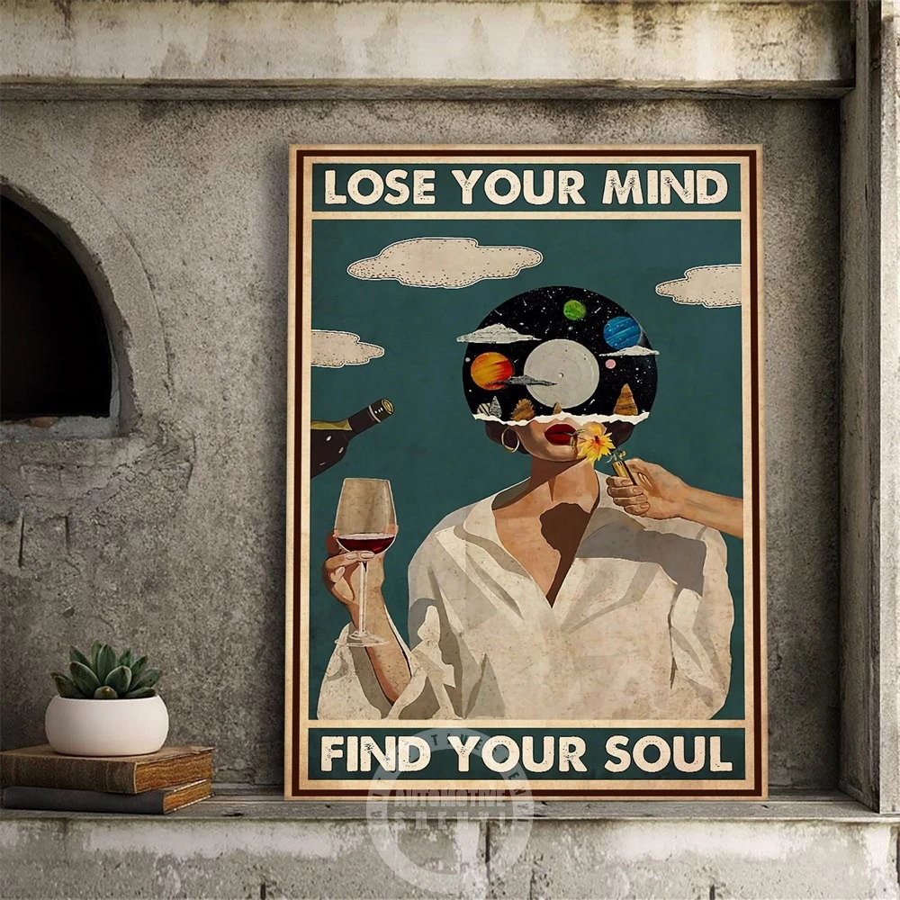 Винтажный постер с музыкой, Картина на холсте «потерять свой ум», «найти вашу душу», принт «Девушка с вином», Настенная картина, гостиная, домашний декор Винтажный постер с музыкой, Картина на холсте «потерять свой ум», «найти вашу душу», принт «Девушка с вином», Настенная картина, гостиная, домашний декор