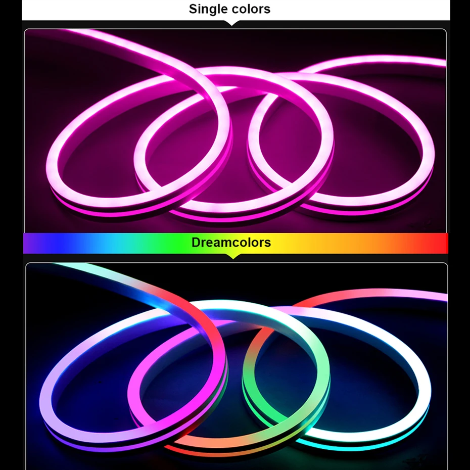 Фото Светодиодная неоновая лента 12В с RGB-подсветкой Dreamcolor, управление по Wi-Fi/Bluetooth/пульту, водонепроницаемая, для розеток EU/US/UK/AU №4
