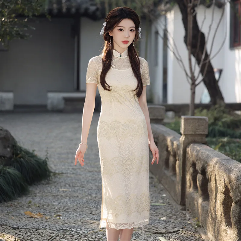 Elegant Mandarin Collar Short Sleeve Women's Chiffon Qipao Summer Sexy Embroidery Lace Cheongsam Chinese Daily Dress