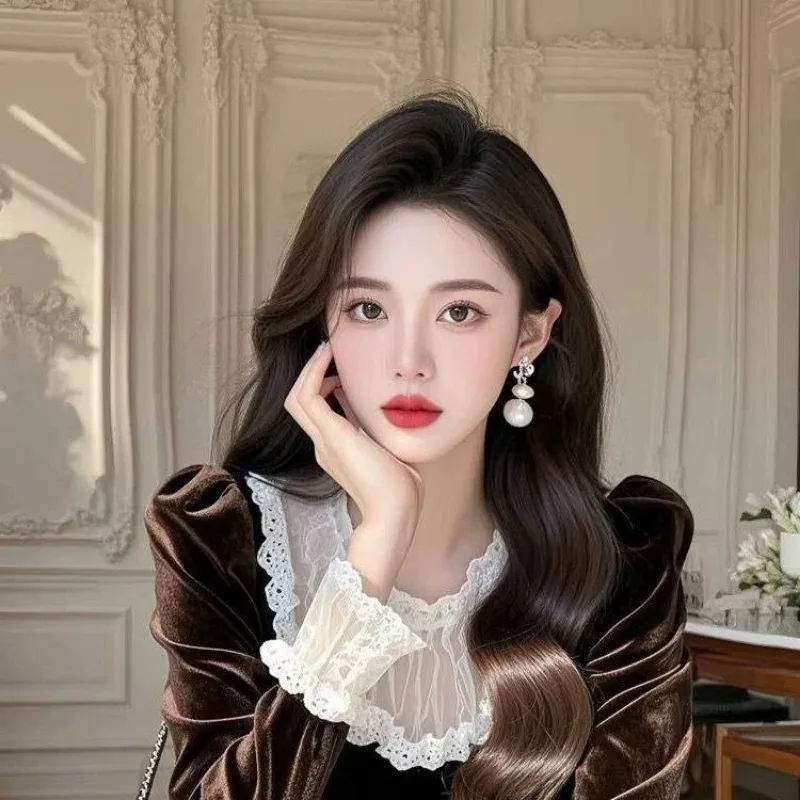 Matakawa кружевные бархатные блузки осень-зима корейская мода винтажные