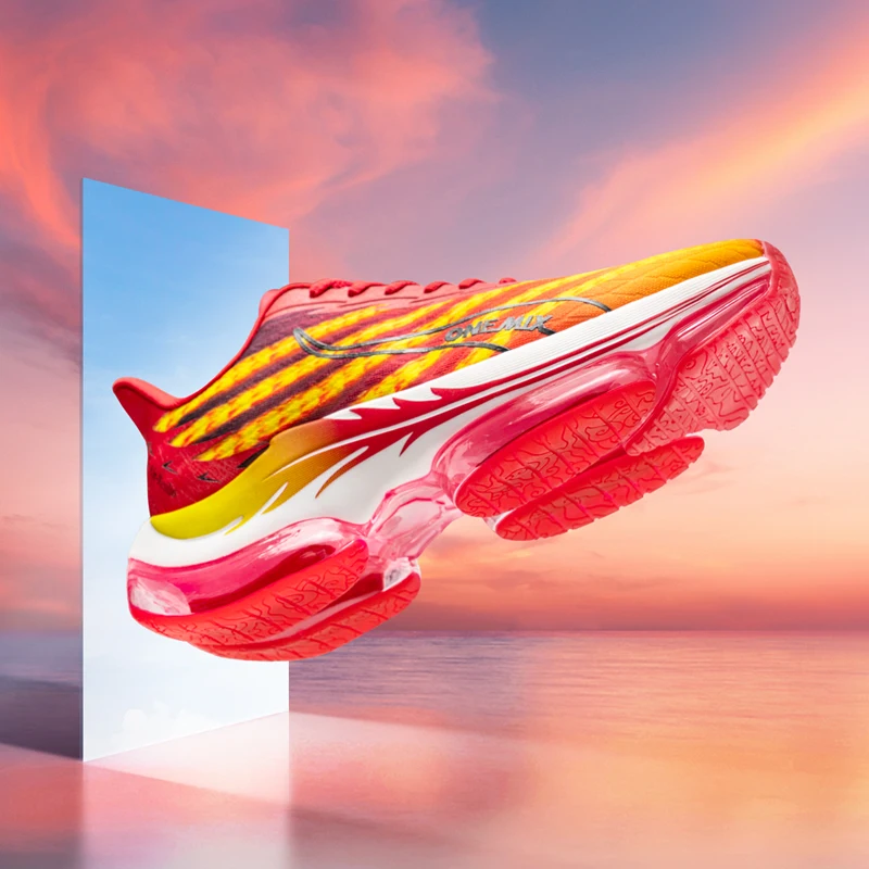 ONEMIX Fire Red Color Man Running Shoes Air Cushion Athletic Couple Trainers Sport Runner Shoes Outdoor Women Walking Sneakers