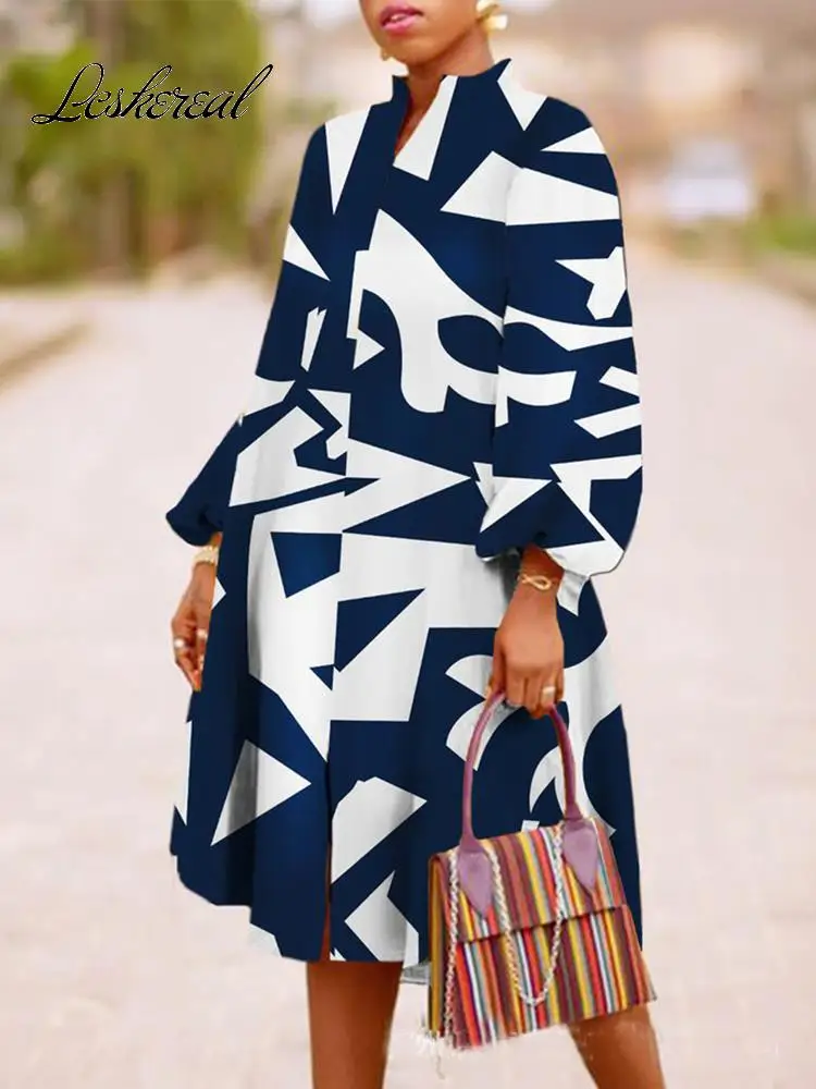 

Commute Office Lantern Sleeve Long Dress Women 2022 Autumn Stand Collar Print Party Fashion Drawstring Button Loose Midi Dress