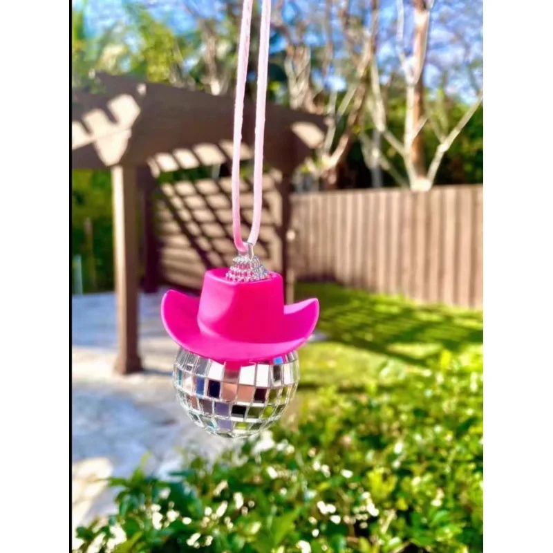 

Pink Cowgirls Hat Disco Ball Car Hanging Rear View Mirror Accessory Hanging Party Disco Ball Car Accessories Decorative Ball