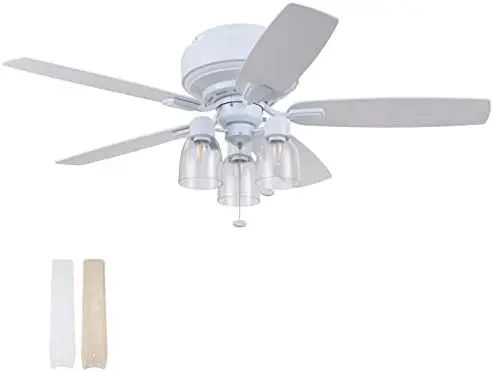 

52 inch Farmhouse Style, Flush Mount LED Ceiling Fan with Light, Dimmable, Pull Chain, Dual Finish Blades, Reversible Motor - 51