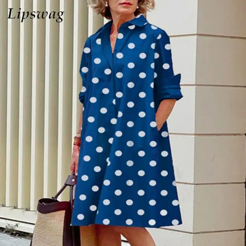 

Autumn Retro Polka Dot Long Shirt Dress Women Elegant Turn-down Collar Blouse Fashion Casual Loose Long Sleeve Pocket Tops 2022