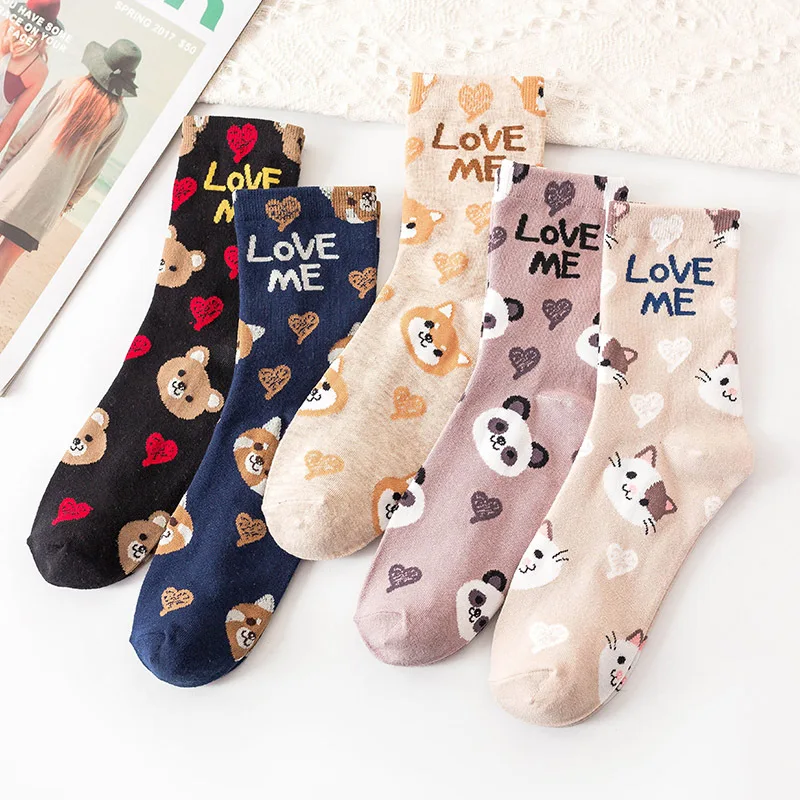 

New Love me English Letters Red Panda College Style Cartoon Socks 2 Pairs Creative Korean Tide Brand Autumn and Winter Socks