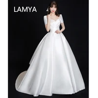 lamya vestidos dress soft satin wedding dresses women short sleeve scalloped lace up natural factors vintage bride gown
