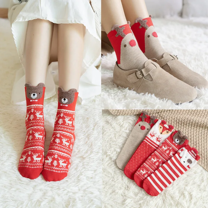 

Christmas Socks for Women's Autumn and Winter Warm Cartoon Elk Animals 2023 New Year's Festive Xmas Gifts Cotton Home Socks